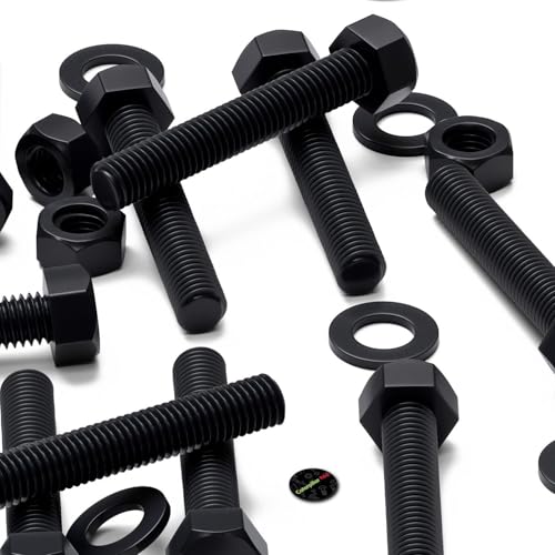 Image of 10x Black Nylon PA66 Hex Head Plastic Bolts, Nuts & Washers, M10 x 50 mm, Fastener, (25 /64 x 1 31 /32 in)
