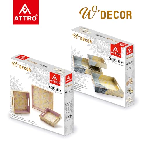 Image of Attro Square Designer Wooden Serving Tray Set - 1 Big, 1 Medium, 1 Small for Home Decor, Kitchen Use, Dining - Set of 3 Petal Gold