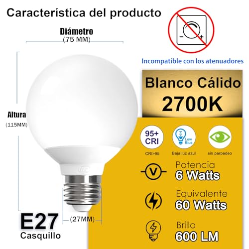 iLC Bombilla Inteligente Alexa LED E27, Compatible con Alexa (se necesitan dispositivos Echo), G80 6W Bombilla que Cambia de Color Blanco Cálido 2700K +RGB (Paquete 2) - imagen 2