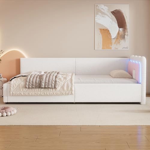 Polsterbett Schlafsofa 90x200 cm, L-förmiges Einzelbett mit LED, Gästebett Daybett Tagesbett, Bettgestell mit Lattenrost, Ohne Matratze, Weiß – Bild 5
