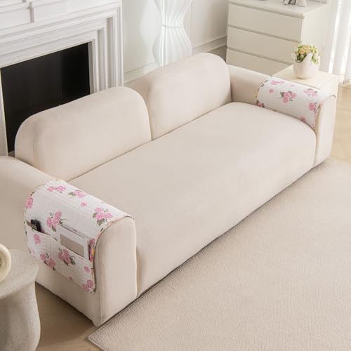 Image of HOMETHREADS Anti-Skid Sofa Protector Mat: Premium Printed Cotton Slipcover with Strong PVC Non-Slip Backing, (White Pink, 2Pc Armrest Mat | 50x75cm)