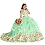 KPYURC Elegant V-Neck Golden Appliques Quinceanera Dresses with Train Gorgeous Glitter Vestidos de15 años Mint Vestidos de15 Size 10