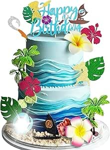 21pcs Tropical Cake Toppers Palm Leaves and Hibiscus Flower Summer Tropical Cake Decoration for Hawaiian Themed Birthday Party Holiday Supplies