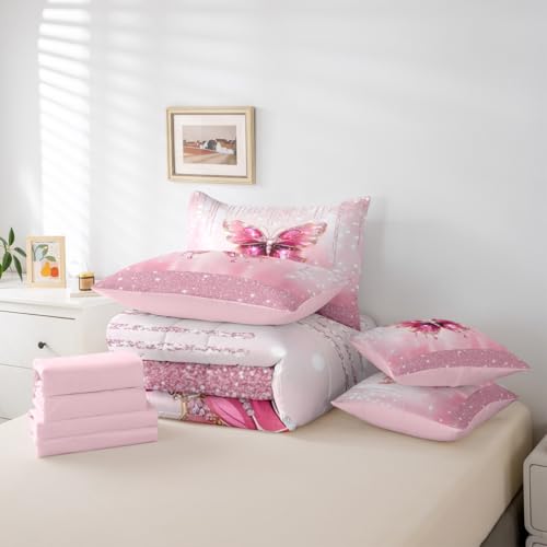 Image of Feelyou Pink Butterfly Comforter Set with Sheets 7 Piece Queen Size Dreamy Princess Bed in a Bag Kids Boys Girls Glitter Bedding Set Watercolor Butterflies Bedroom Decor Breathable Soft