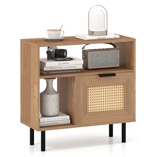 COSTWAY Beistelltisch Rattan, Sofatisch mit Ablagefach, Schrank und...