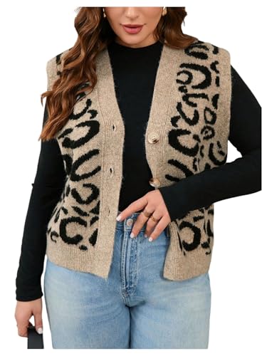 Verdusa Women's Plus Size Leopard Button Front Sweater Vest Sleeveless Knit Cardigans