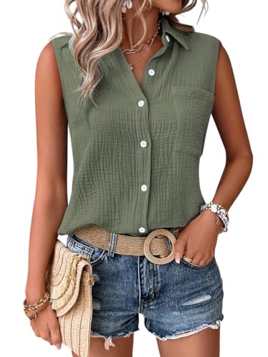 Image of GLASGO Women's 100% Cotton Sleeveless Button Down Shirt | Casual Summer Collared Tank Top | Soft Breathable Fabric Stylish Piece
