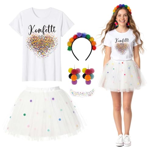 Konfetti Kostüm Damen, Konfetti im Herzen Fasching Karneval Konfetti Kostüm Outfit T-Shirt, Weiß Damen Tüllrock, Haarreif Mit Pompoms Bunt,...