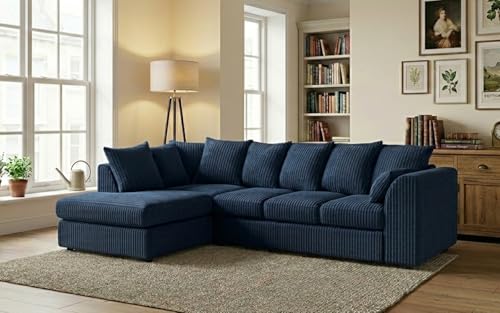 Image of Jumbo Cord L-Shaped Corner Sofa 4–5 Seater | Left or Right Hand Facing Sectional with Chaise | Soft Fabric Upholstery | Scatter Back Cushions | Deep Seat | Washable Covers (Blue, Left hand)