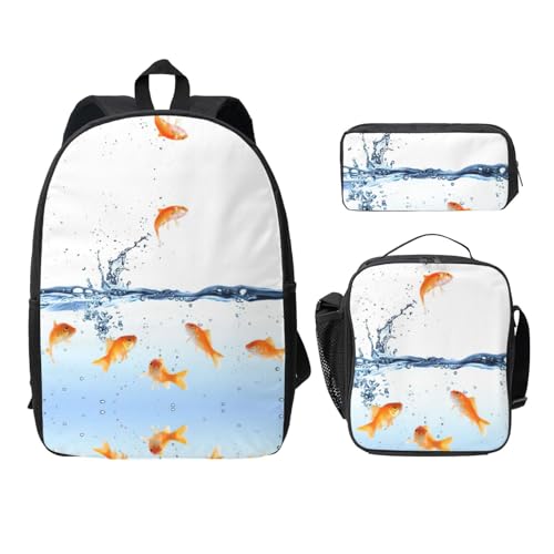 Sac à dos 3 pièces poisson imprimé avec lunch box et trousse école Noir