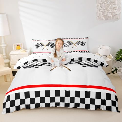 Black White Red Bedding Set King Size,Kart Racing Speed Sport Duvet Cover with 2 Pillowcases for Teens Adults,Racing Car Checkered Flag Decorative Comforter Cover,3 Pcs(Not Comforter)