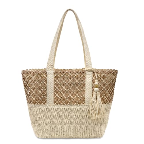 YAMEIZE Stroh Strandtasche für Damen Faltbare Große Gewebte Strohtasche Tasche Schultertasche mit Reißverschluss Sommerurlaub