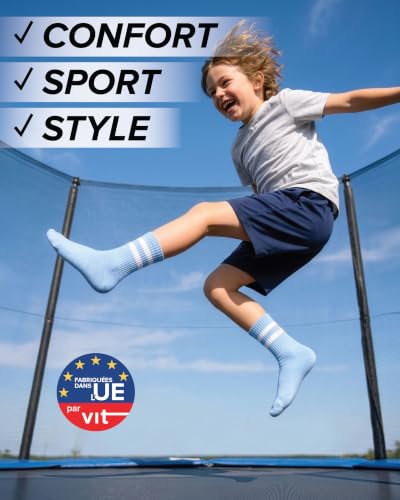 vitsocks Chaussette sport BAMBOU anti ampoule tennis Enfant (4 PAIRES) garçon fille mi-haute skate rayures, lot 1: blanc noir gris, 27-30 – vue 3