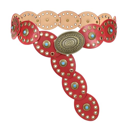 TRIWORKS Western Belts for Women Wide Cowgirl Disc Belt with Turquoise Boho Concho Leather Belt Country Belt for Dress Red