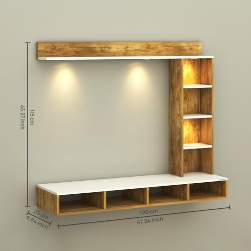 Image of Anikaa Briza Engineered Wood Wall Mounted TV Unit with 4 LED Lights, 9 Open Display Boxes & Shelf Design for Living Room | Ideal for Upto 43 Inch TV- Gaintwood /White(DIY Installation)