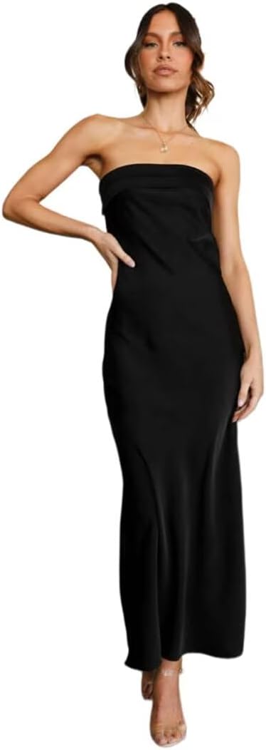 Women’s Strapless Satin Maxi Dress Lightweight Casual Everyday Tube Dress - Image 7