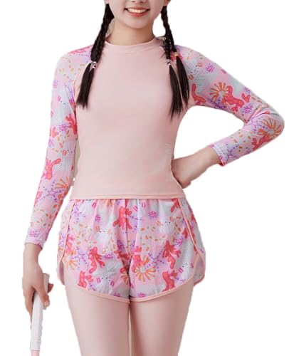 JadeRich Teen Girls 3-Piece Sporty Swimwear Set Long Sleeve Rash Guard Shirt Full Coverage Modest Bathing Suit