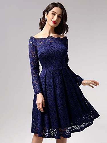 MISSMAY Women's Vintage Floral Lace Long Sleeve Boat Neck Cocktail Party Swing Dress, Large, Navy Blue