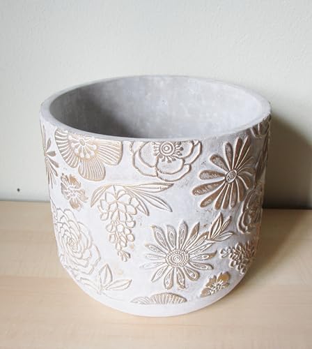 Generisch Übertopf Beton grau mit Blumenmotiv, 18,5 cm hoch Gartendeko Pflanztopf Pflanzkübel Blumenübertopf