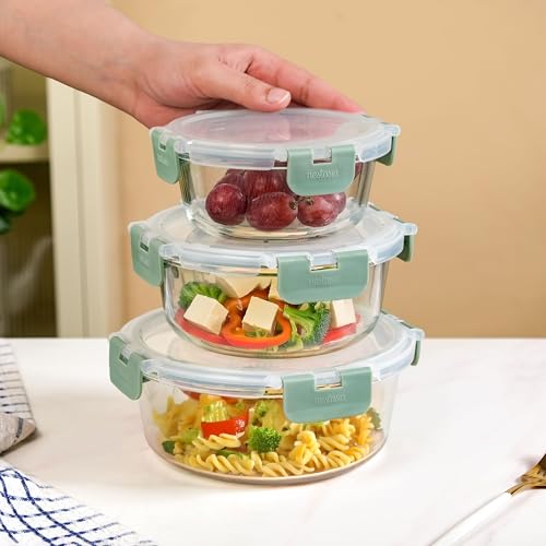 Image of Nestasia Nestro Airtight Glass Containers with Lid Set of 3 (400ml, 600ml, 950ml) | Spill Proof Round Glass Containers with Break Free Lock - Microwave, Dishwasher & Freezer Safe (Green)