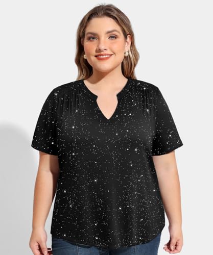 CARCOS Plus Size Tops for Women Summer Short Sleeve V Neck T Shirts Pleated Casual Business Tunic Blouses XL-5XL3