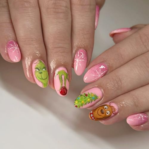 Christmas Press on Nails Short Almond Pink Christmas Fake Nails with Glitter Snowflake Xmas Tree Cute Cartoon Full Cover Acrylic Nails Designs Christmas Glue on Nail Winter False Nail for Women 24Pcs