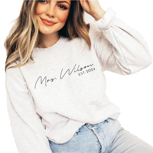 Custom Mrs Est Sweatshirt - Cute Honeymoon Last Name Pajamas - New Future Mrs. Wedding Gift - Unisex Long Sleeve Crewneck Sweatshirt Sand3