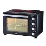 Cooks Professional Mini Portable Oven with Ceramic Hobs | Energy Efficient Electric Countertop Cooker with Two Hot Plates & Wire Rack Baking Tray | Kitchen Grill Ovens | 34L Capacity | Black & Silver