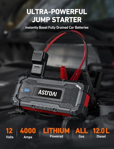 Image of AstroAI S8 Ultra Car Jump Starter, 4000A Safe 12V Battery Booster Pack (All Gas /12L Diesel), Portable Jump Box with Smart Jumper Cables, Type-C /USB, Flashlight, Rugged Protection & Storage Bag, Red