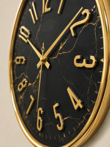 Image of Designer Wall Clock 13.5 Inch for Living Room Stylish Gear Design Seconds Needle (Black Marble)