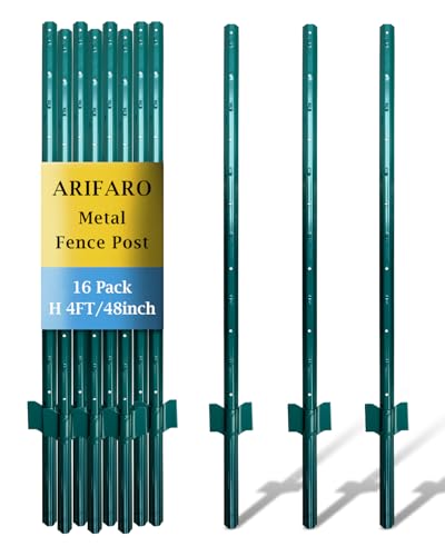 Image of ARIFARO 16 Pack Metal Fence Posts Garden Stakes 4 FT Heavy Duty U-Post Fence Stakes, No Dig Garden Fence Posts for Wire Fencing Garden Protection, Animal Barrier, Steel Post for Yard