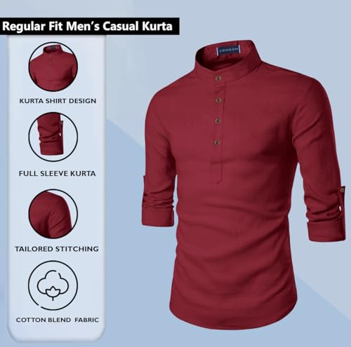 Image of Zombom Men's Cotton Blend Solid Casual Regular Fit Mandarin /Chinese Collor Short Full Sleeve Kurta for Men