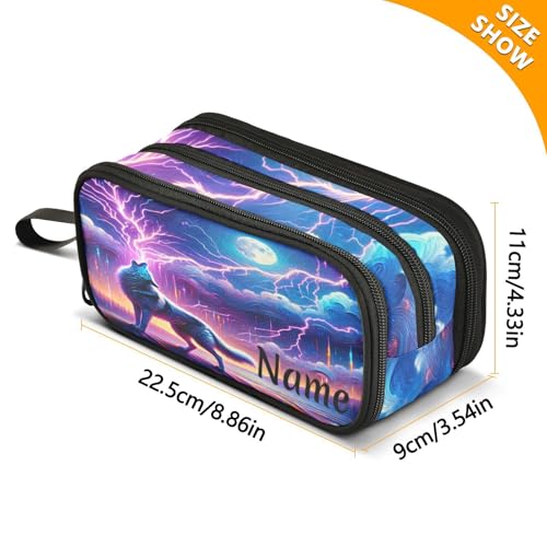 Image of Custom Wolf Howling Moon Lightning Pencil Case Box Boys Girls Personalized Name Large Pencil Pouch Stationery Pen Bag Organizer for Kids Adults School Office