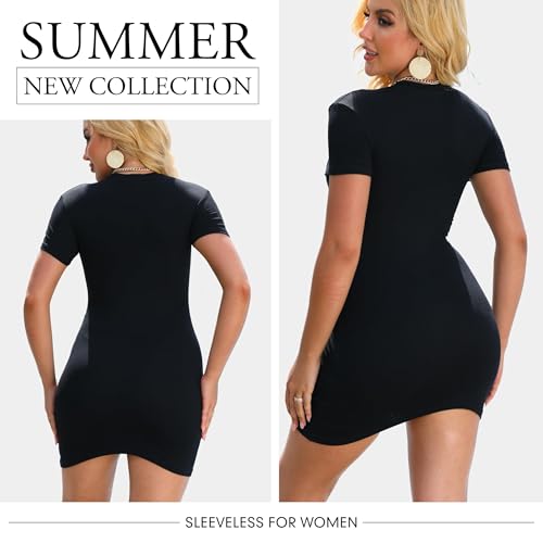 Image of Chongbaijia Summer Dresses for Women 2026 Ribbed Crewneck Short Sleeve Bodycon Dress Basic Sexy Mini T Shirt Dress