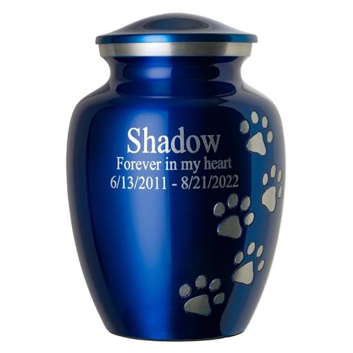 Best Friend Services Ottillie Paws Premier Series Pet Urn for Dogs and Cats with Personalized Laser Engraving (Small - Pets up to 25 lbs, Sapphire Blue with Vertical Pewter Paws)