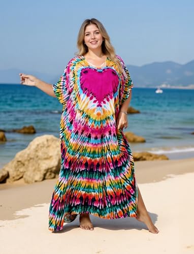 Image of sunforyou Kaftan Dresses for Women Plus Size Lightweight Swimsuit Cover up Batwing Sleeve Print Loungewear Beach Robe