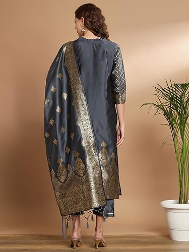 Image of VredeVogel Women's Cotton Silk Jacquard, Banarasi Silk Kurta Pant With Dupatta Set