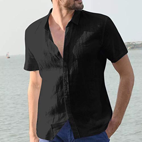 Shirt For Men, F_Gotal Men's Shirts Fashion Summer Short Sleeve Buttons Up Baggy Cotton Linen Solid Casual Blouse Tops #TOP2