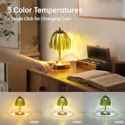 Image of Shenmoyl Set of 2 Tulip Table Lamp with 5200mAh Battery & Touch Control, Cordless Small Table Lamp with 3 Colors, Rechargeable Battery Operated Table Lamps for Nightstand, Bedroom (Green Tulip)
