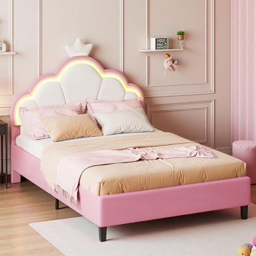 TDRTRD Lit Fille 90x200 cm, Lit Enfant Rembourré avec Tête de lit réglable et LED, Lit Princesse Fille avec Sommier à Lattes, Lit 1 Place Enfant, Rose,...