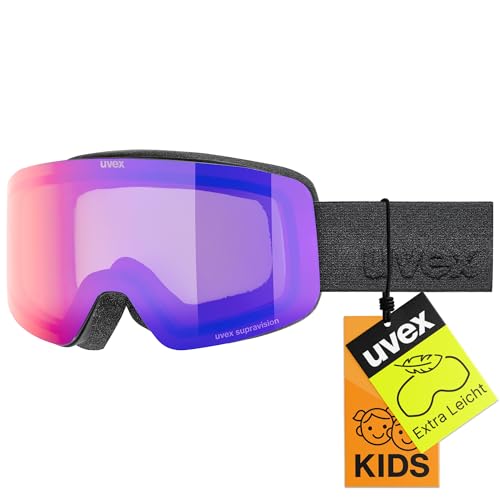 uvex pwdr FM - stylische, verspiegelte Skibrille mit weitem Sichtfeld und Anti-Fog-Beschichtung mit ausgewachsenen Features für Kinder - black matt/ruby-clear - one size