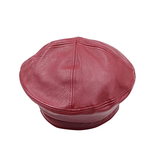 Mosstyus Women's Classic Pu Leather French Beret Hat Retro Beanie Hat Adjustable Artist Painter Pumpkin Cap, Wine Red #TOP2