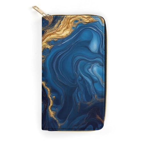Girl's Travel Purse Fashion Design, Huge Storage Capacity Purse, Cute Decor Wallet, Long PU Zipper Wallet Luxury Marble Texture Gold And Blue