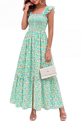 dowerme Womens Summer Maxi Dresses 2026 Casual Ruffle Sleeve Button Smocked Floral Slit Boho Dress Spring Beach Sundress(Green Floral,X-Large)