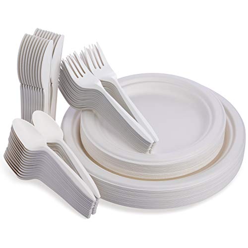 Fuyit 125pcs Disposable Tableware Set, Compostable and Biodegradable Sugarcane Bagasse Eco-Friendly Dinnerware Kits Includes 7&9inch Paper Plates, Forks, Knives and Spoons for Party, Camping, Picnic Fuyit 125pcs Disposable Tableware Set, Compostable and Biodegradable Sugarcane Bagasse Eco-Friendly Dinnerware Kits Includes 7&9inch Paper Plates, Forks, Knives and Spoons for Party, Camping, Picnic