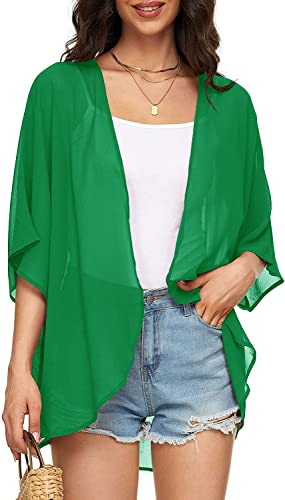 Image of Indian Trendy Women's Solid Puff Sleeve Kimono Cardigan Loose Cover Up Casual Blouse Top Chiffon
