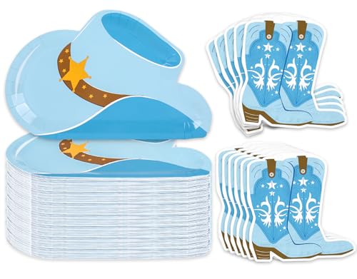 Whaline 90Pcs Western Cowboy Party Supplies Set Western Blue Cowboy Hat Plates and Boot Napkins Wild West First Rodeo Birthday Bachelorette Paper Tableware for Bride Baby Shower, Serves 40
