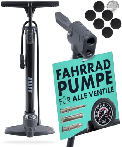 AARON AIR+ Fahrrad Standpumpe mit Manometer für alle Ventile, Hochdruck Fahrradpumpe Rennrad, Luftpumpe, Pumpe mit Ball Aufsatz (Grau)