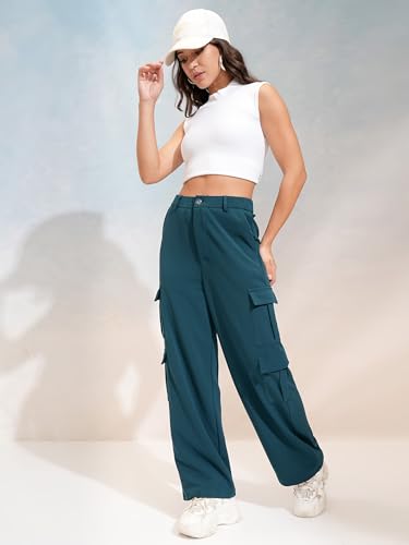 Image of Tokyo Talkies Pure Cotton Straight Wide Leg Cargo Pants |Relaxed Fit Utility Trousers