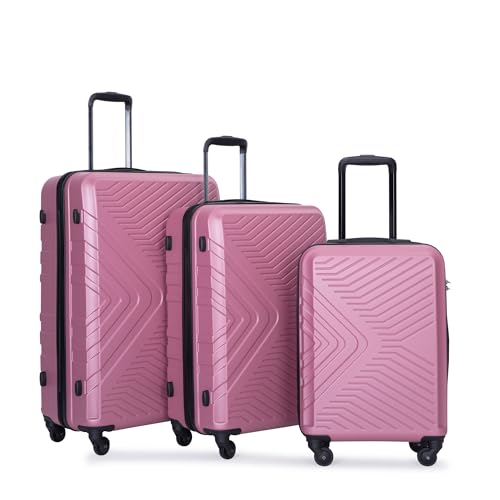 3 Piece Luggage Sets ABS Lightweight Suitcase with Two Hooks, Spinner Wheels, TSA Lock, (20/24/28, Pink)2